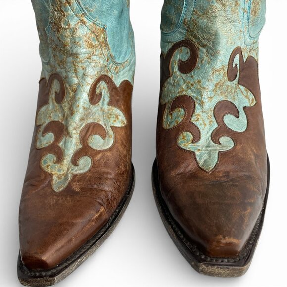 Lane Turquoise Brown Snip Toe Leather Cowboy Western Cowgirl Boots Women's 10.5 - Picture 4 of 13